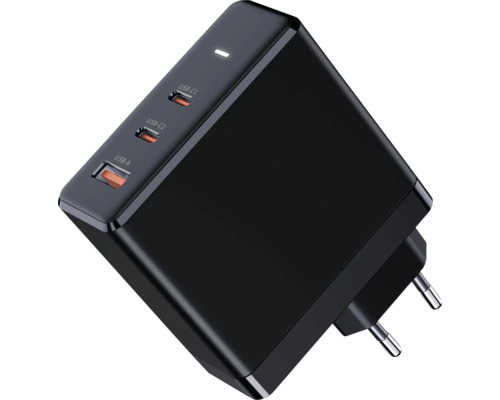 Schwarzes Netzteil mit USB-A und USB-C Anschlüssen