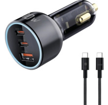 Schwarzer 100 Watt Kfz-Adapter mit zwei USB-C-Anschlüssen und einem USB-A-Anschluss sowie zwei USB-C-Kabeln
