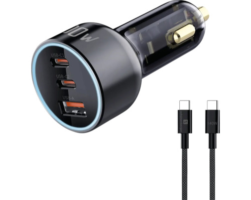 Schwarzer 100 Watt Kfz-Adapter mit zwei USB-C-Anschlüssen und einem USB-A-Anschluss sowie zwei USB-C-Kabeln