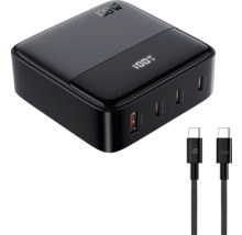 Schwarzes Ladegerät mit USB-A und USB-C Anschlüssen sowie zwei USB-C Ladekabeln