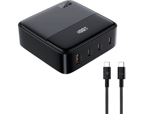Schwarzes Ladegerät mit USB-A und USB-C Anschlüssen sowie zwei USB-C Ladekabeln