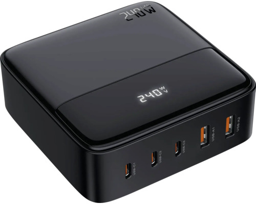 Schwarzes 240-Watt-Ladegerät mit mehreren USB-Anschlüssen