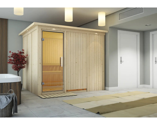 Sauna modulaire Karibu Gobina sans poêle avec couronne et portes entièrement vitrées transparentes Sauna en bois avec porte en verre dans une salle de bain