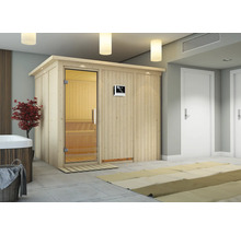 Sauna en bois avec porte en verre et commande à l'intérieur