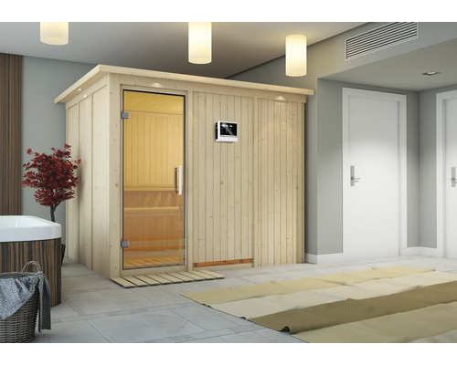 Sauna modulaire Karibu Gobina avec poêle 9 kW et commande externe avec couronne et portes entièrement vitrées transparentes Sauna en bois avec porte en verre et commande à l'intérieur