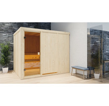 Holzsauna mit Glastür und Sitzbank im Innenraum