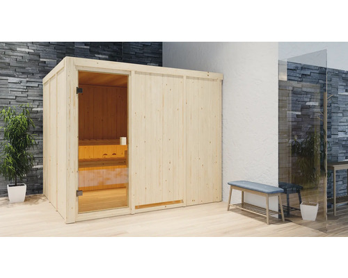 Elementsauna Woodfeeling Nybro inkl.9 Ofen u.integr.Steuerung ohne Dachkranz mit bronzierter Ganzglastüre Holzsauna mit Glastür und Sitzbank im Innenraum