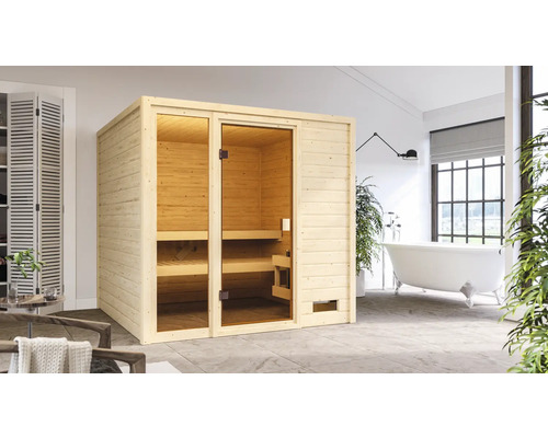Holz-Innensauna mit Glastür im Badezimmer