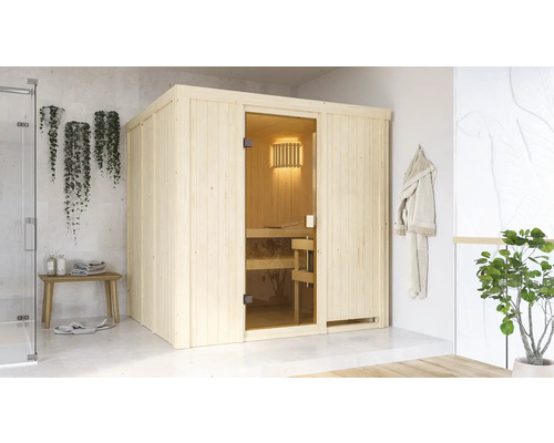 Elementsauna Woodfeeling Tromsö inkl.9 kW Ofen u.integr.Steuerung ohne Dachkranz mit bronzierter Ganzglastüre Holzsauna mit Glastür in hellem Badezimmer