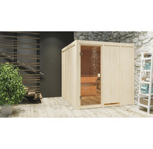 Sauna en bois avec porte en verre et étagère en bois dans la pièce
