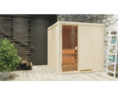 Elementsauna Woodfeeling Oulu inkl.9 kW Ofen u.integr.Steuerung ohne Dachkranz mit bronzierter Ganzglastüre Holzsauna mit Glastür und Holzregal im Raum