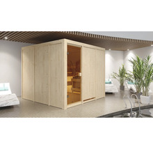 Sauna en bois avec porte en verre dans un espace bien-être
