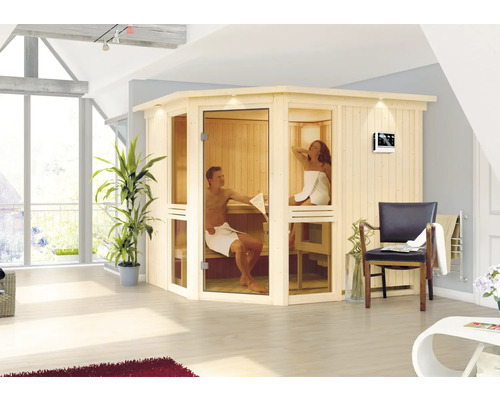 Sauna modulaire Karibu Omelia III avec poêle bio 9 kW et commande externe avec couronne et portes entièrement vitrées coloris bronze Sauna intérieure avec deux personnes dans une pièce lumineuse