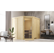 Sauna en bois avec porte en verre dans une salle de bain lumineuse.