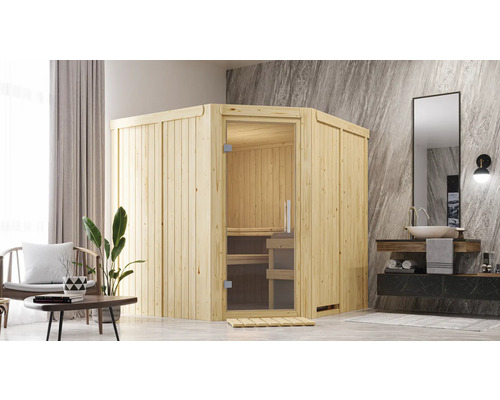Holz Sauna mit Glastür in einem hellen Badezimmer.