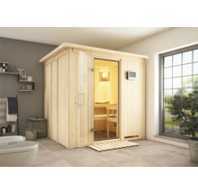 Sauna en bois avec porte en verre dans une salle de bain