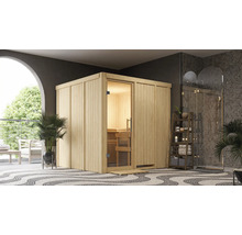 Sauna en bois avec porte en verre dans une salle de bain moderne