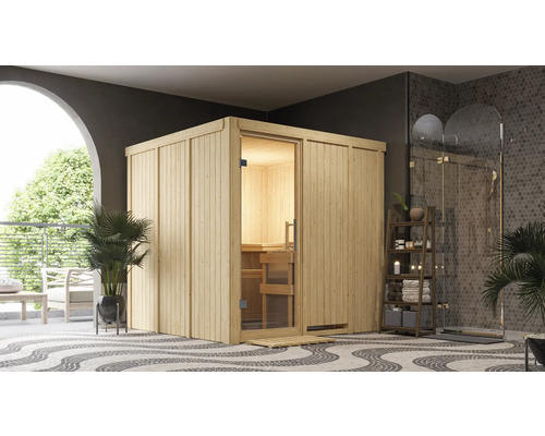 Sauna modulaire Karibu Rodina sans poêle ni couronne, avec porte entièrement vitrée en verre transparent Sauna en bois avec porte en verre dans une salle de bain moderne