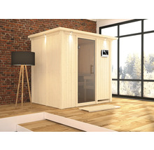 Sauna en bois avec porte en verre, éclairage intérieur et panneau de commande numérique dans une pièce lumineuse