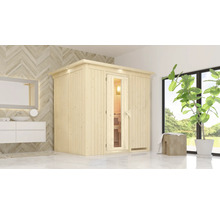 Scène de salle de bains lumineuse avec sauna en bois, lavabo et plante près de la fenêtre