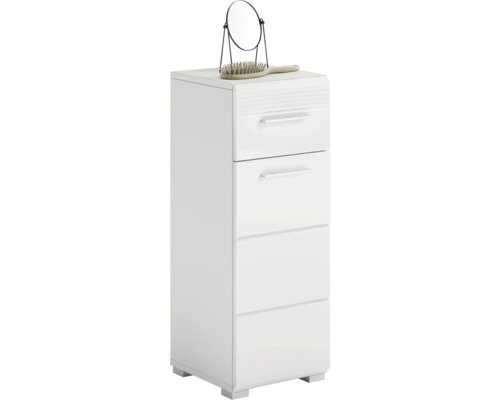 Schmales, weisses Badezimmerregal mit vier Schubladen, Spiegel und Bürste