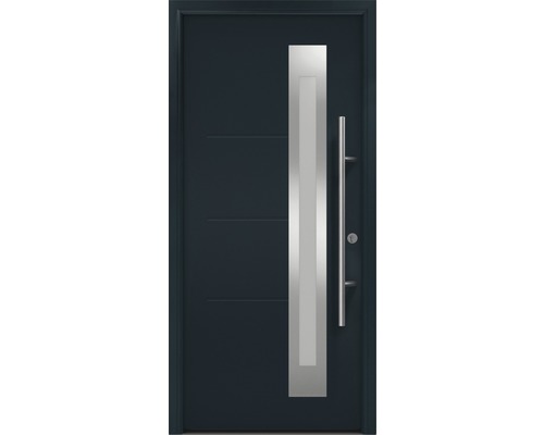Porte d'entrée EcoStar ISOPRO Secur IPS 780S 1100 x 2100 mm tirant droit RAL 7016 gris anthracite avec ensemble de ferrures, poignée barre en acier inoxydable, cylindre profilé de sécurité avec 5 clés Porte d''entrée moderne avec poignée en acier inoxydable et lignes décoratives horizontales