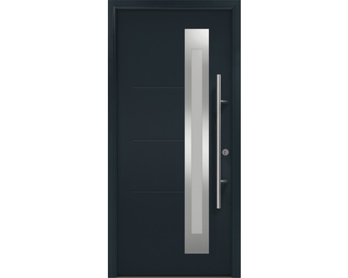 Porte d'entrée EcoStar ISOPRO Secur IPS 780S 1100 x 2100 mm tirant droit RAL 7016 gris anthracite avec ensemble de ferrures, poignée barre en acier inoxydable, cylindre profilé de sécurité avec 5 clés