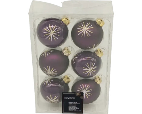 Sechs violette Weihnachtskugeln aus Glas mit Sternmuster in Verpackung
