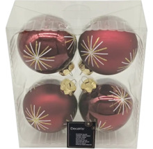 Vier rote Weihnachtskugeln aus Glas mit Sternmuster in transparenter Verpackung