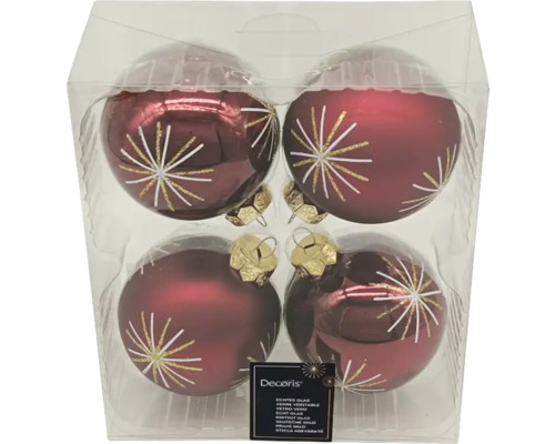 Vier rote Weihnachtskugeln aus Glas mit Sternmuster in transparenter Verpackung