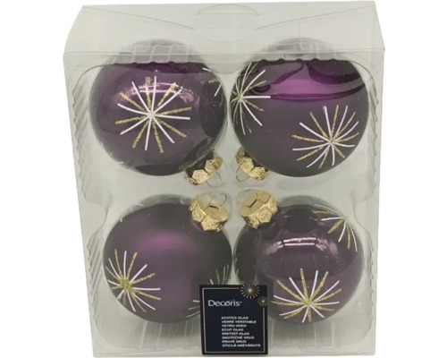 Vier violette Weihnachtskugeln aus Glas mit Dekor im durchsichtigen Kunststoffbehälter