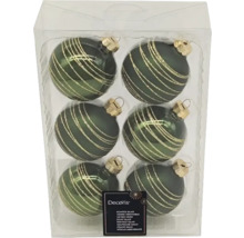 Verpackung mit sechs grünen Weihnachtskugeln aus Glas mit goldenen Streifen