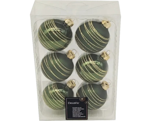 Verpackung mit sechs grünen Weihnachtskugeln aus Glas mit goldenen Streifen