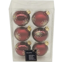Six boules de Noël rouges en verre avec motif d'étoile dans un emballage transparent.