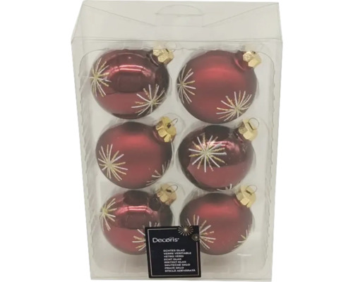 Six boules de Noël rouges en verre avec motif d'étoile dans un emballage transparent.