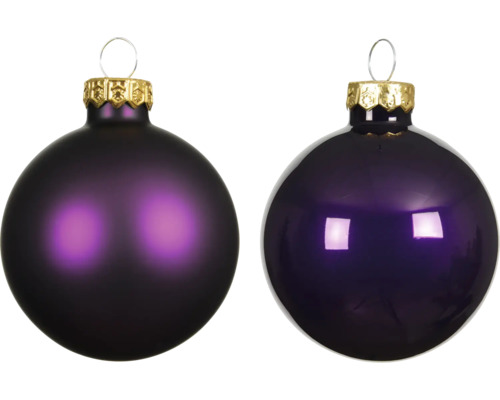 Zwei violette Weihnachtskugeln mit goldener Aufhängung