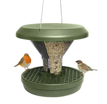 Mangeoire à oiseaux avec nourriture et deux oiseaux