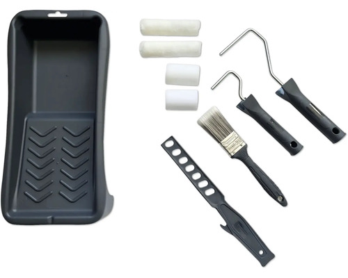 Farbauftragungsset mit Farbwanne, Farbwalzen, Pinsel und Abstreifgitter