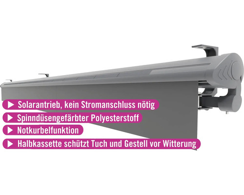 Halbkassettenmarkise Bari mit Solar Antrieb 5x3 Stoff Uni anthrazit Gestell RAL 7016 anthrazitgrau inkl. Motor mit Notkurbelfunktion, Fernbedienung Halbkassettenmarkise mit Solarfunktion und Polyesterstoff