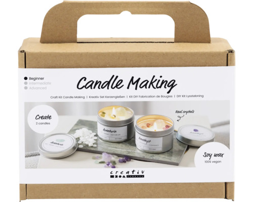Mini Kreativ Set Kerzengiessen, creme, 2 Stück Kerzenherstellungs-Set für Anfänger mit Sojawachs und Kristallen