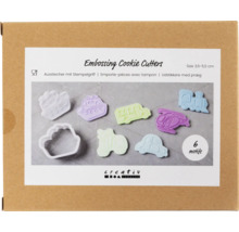 Emporte-pièces à gaufrage, 6 motifs, taille 3,5 à 5,5 centimètres, avec motifs : bateau, bateau à vapeur, bus scolaire, hélicoptère, tracteur et voiture