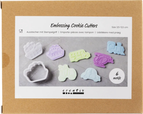 Emporte-pièces à gaufrage, 6 motifs, taille 3,5 à 5,5 centimètres, avec motifs : bateau, bateau à vapeur, bus scolaire, hélicoptère, tracteur et voiture