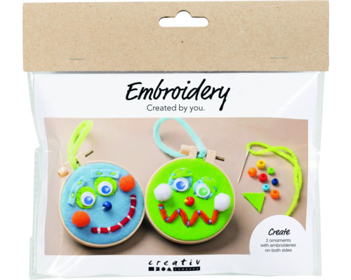 Mini Kreativ Set Sticken Gesichter 2 Stück Stickset zum Erstellen von zwei bestickten Ornamenten