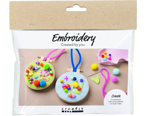 Mini Kreativ Set Sticken Fantasie Verpackung eines Sticksets mit zwei Ornamenten und Stickereien