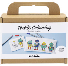 Textilmalset in einer Verpackung mit Griff, inklusive Stifte und Etuis mit Roboter Motiven zum Ausmalen.