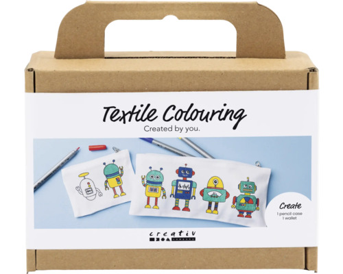 Mini Kreativ Set Stoffbemalen Roboter Textilmalset in einer Verpackung mit Griff, inklusive Stifte und Etuis mit Roboter Motiven zum Ausmalen.