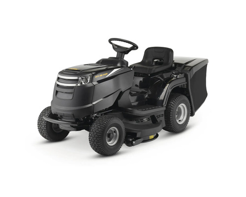 Tracteur de jardin noir avec volant et bac de ramassage