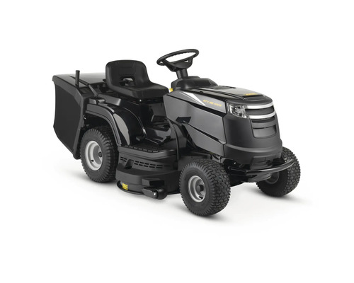 Tondeuse autoportée noire avec bac de ramassage
