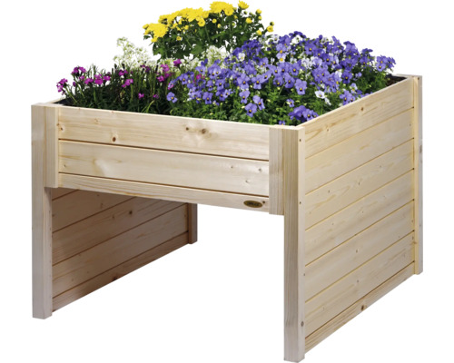 Hochbeet aus Holz mit bunten Blumen bepflanzt