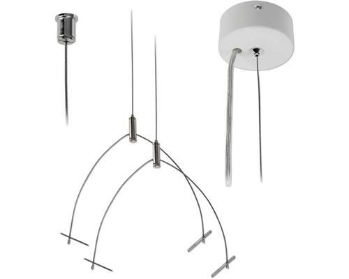 Aufhängesystem für Lampen mit Stahlseilen und Befestigungselementen